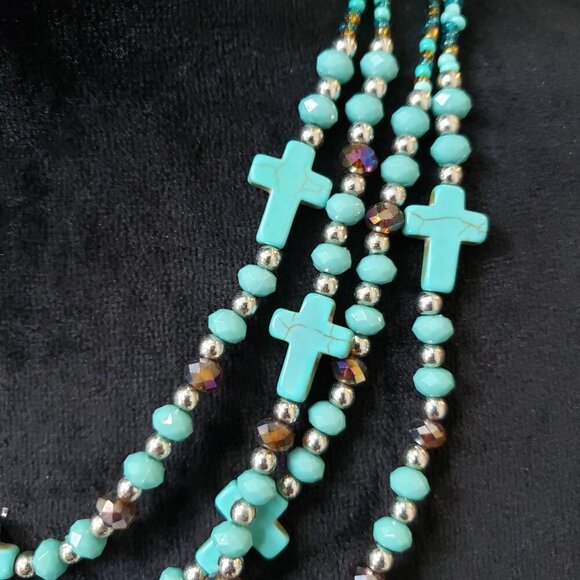 Womens Turquoise & Amber Glass Bead Multi Strand Cross Necklace w/ Lobster Clasp - Picture 3 of 6